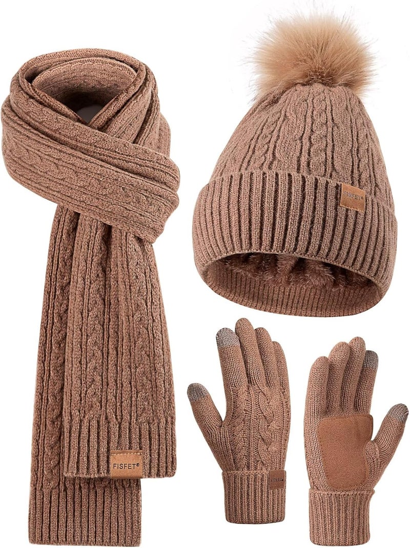 FISFET Winter Beanie Hat Scarf Gloves Set for Women, Pom Pom Beanie Fleece Lined Knit Neck Warmer Touchscreen Gloves 3 in 1 Gift Set - Image 1
